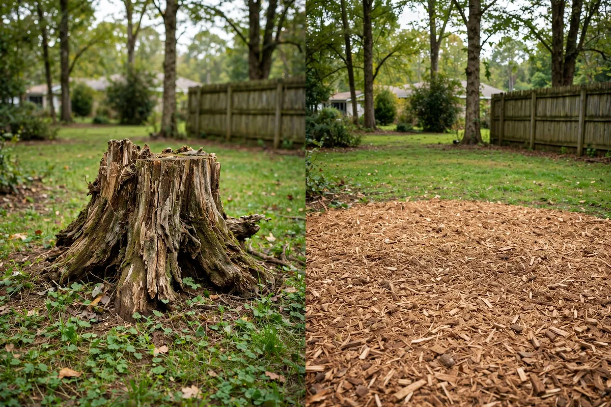 Before and after comparison: large stump versus ground-smooth mulched spot