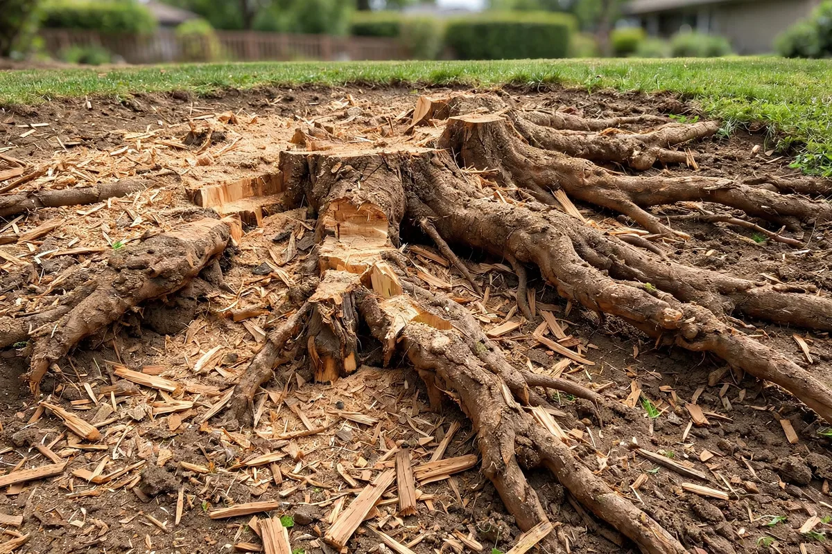 Exposed surface roots spreading from a stump in Durham, North Carolina