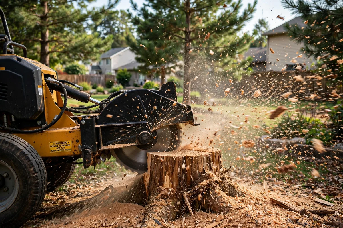 Stump grinder cutting wheel grinding a tree stump with wood chips flying