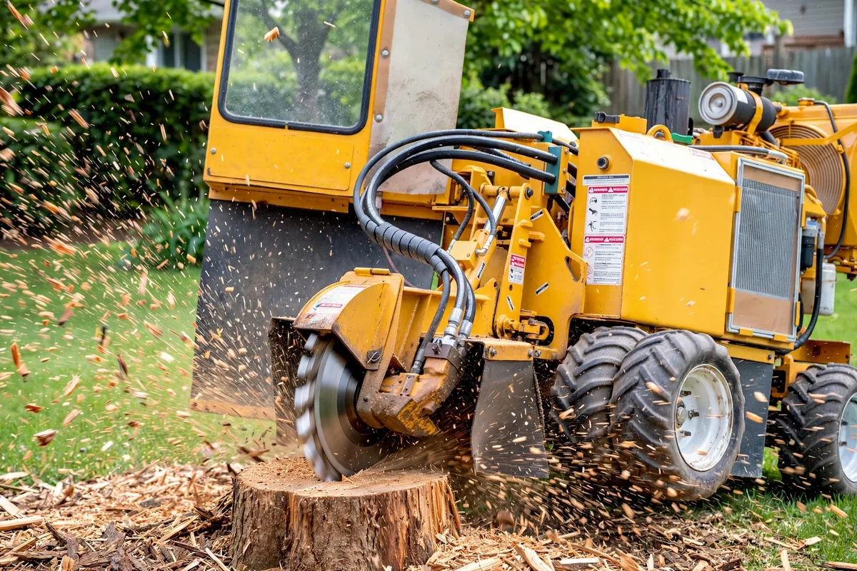 Professional stump grinder machine beside a tree stump
