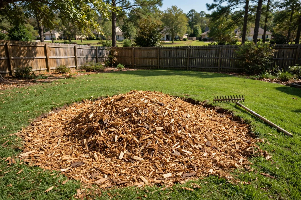 Fresh wood chips filling a ground-out stump hole in a green lawn